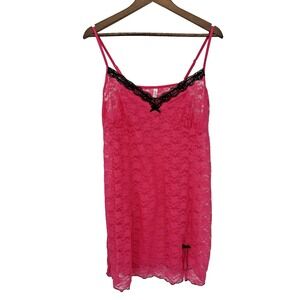 Plus Hot Pink Lace Slip Dress Black Trim Bow Lingerie‎ Chemise Y2K Coquette 3X